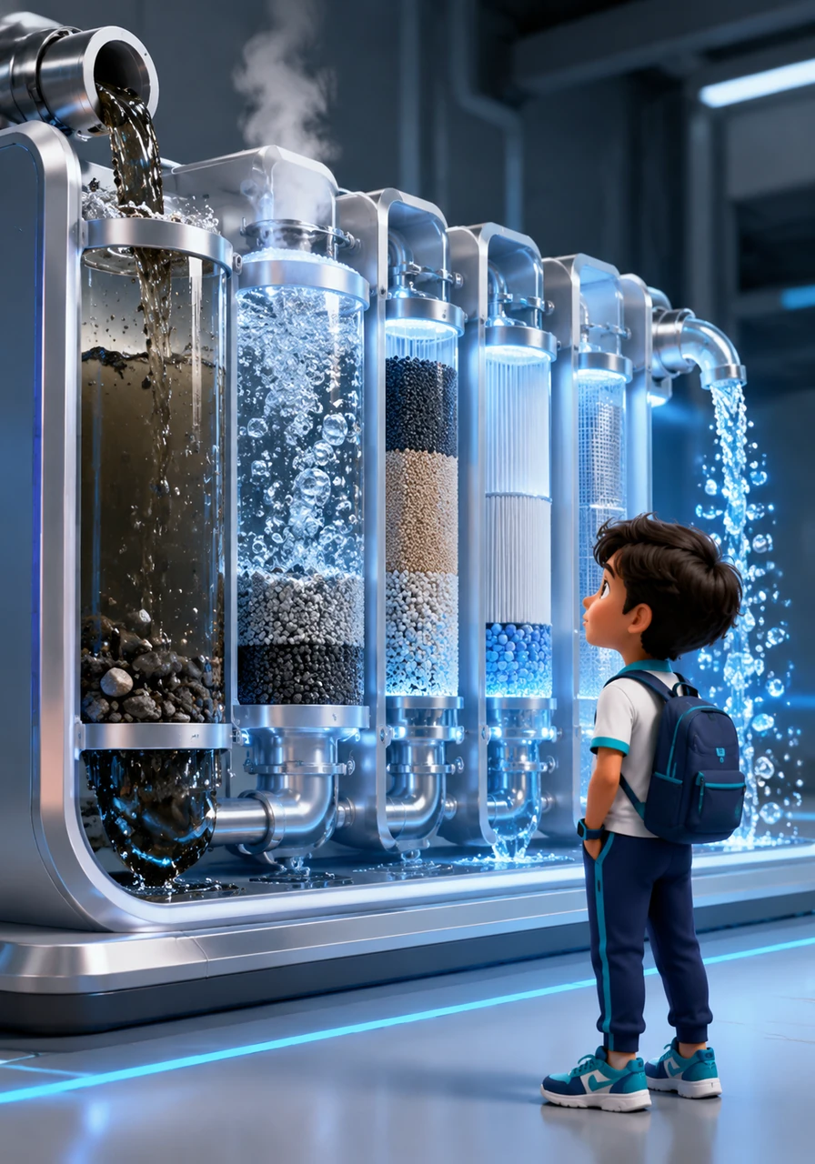 A sleek, futuristic filtration maze appears, showcasing a multi-stage purification process of sedimentation, boiling, and advanced modern filters. Dark, contaminated water passes through glowing silver layers and emerges on the other side as beautifully pure, sparkling droplets.