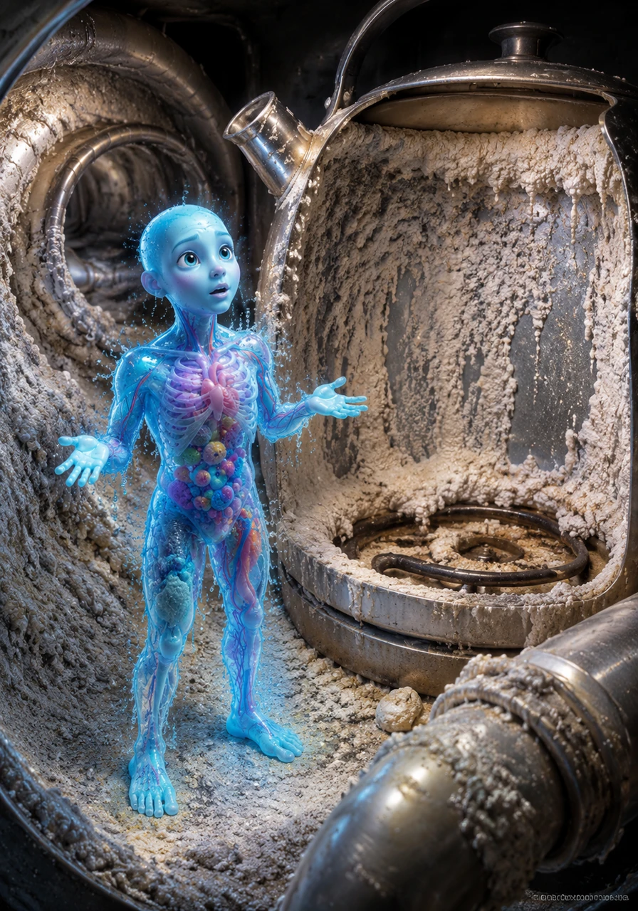 Aqua travels inside a household plumbing system where heavy layers of chalky white limescale coat the inner walls of pipes and a kettle. This phenomenon introduces the concept of water hardness, caused by an invisible buildup of calcium and magnesium salts that also stops soap from bubbling.