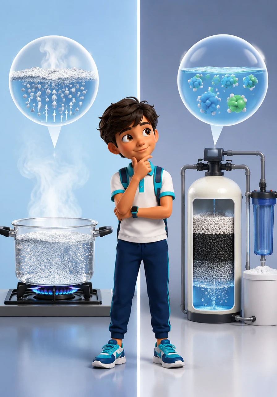 A clean, minimalist digital chart divides water hardness into two distinct categories for comparison. Temporary hardness caused by hydrobicarbonates can be easily defeated by boiling, while permanent hardness requires advanced chemical softening methods.