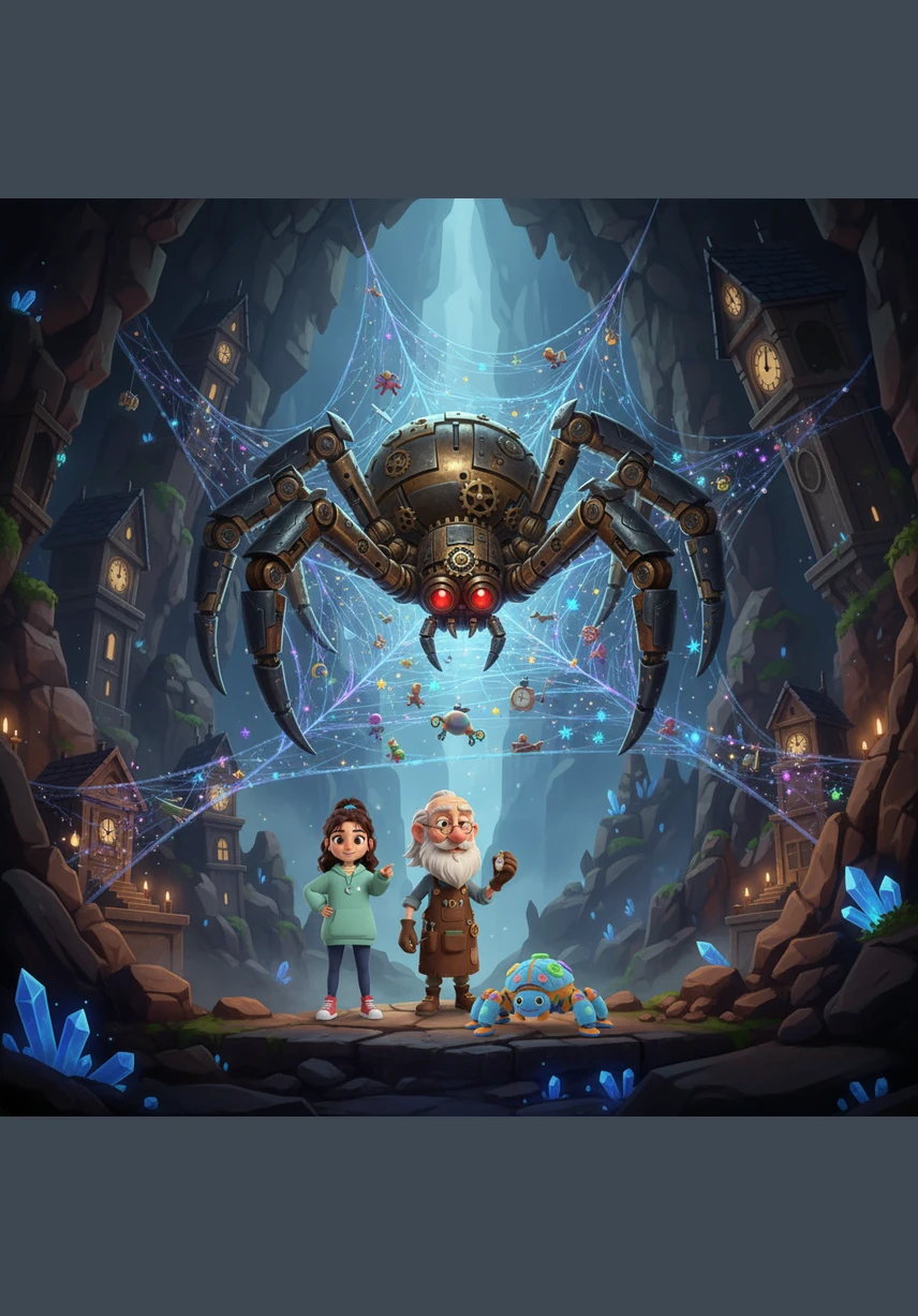 В самом центре оврага они обнаружили гигантскую Механическую Паучиху, которая плела паутину из украденных детских снов и предвкушений праздника. Она мечтала остановить мир навсегда, чтобы править неподвижной, застывшей красотой.