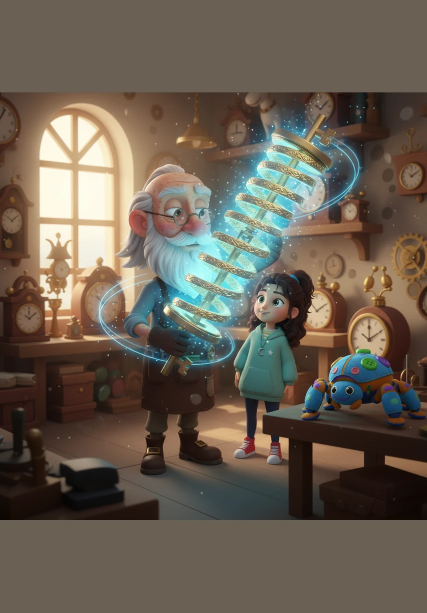 Тогда старик достал свой самый сокровенный инструмент — Главную Пружину Мира, сияющую небесным светом. Он вставил ключ и начал заводить её не вправо, как обычно, а в обратную сторону, против течения застывшего времени.