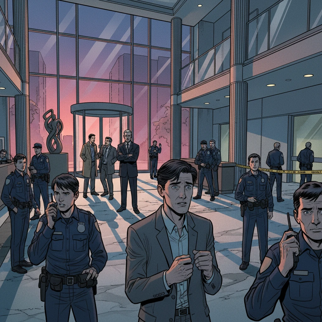 Police sirens wailed, echoing through the grand halls of Blackwood Industries as detectives swarmed the building. Arthur watched, a knot of fear tightening in his stomach, as Blackwood maintained a facade of detached concern. The air crackled with unspoken accusations, and Arthur felt an invisible net drawing tighter around them all.