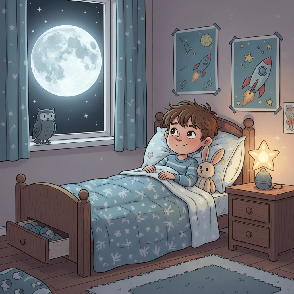 It was 10:30 pm, and Sam, with his brown hair and eyes, was getting ready for bed. The moon shone through his window as he snuggled under his covers, ready for a night of dreams. He felt tired but excited for the next day, ready to close his eyes and drift off to sleep.
