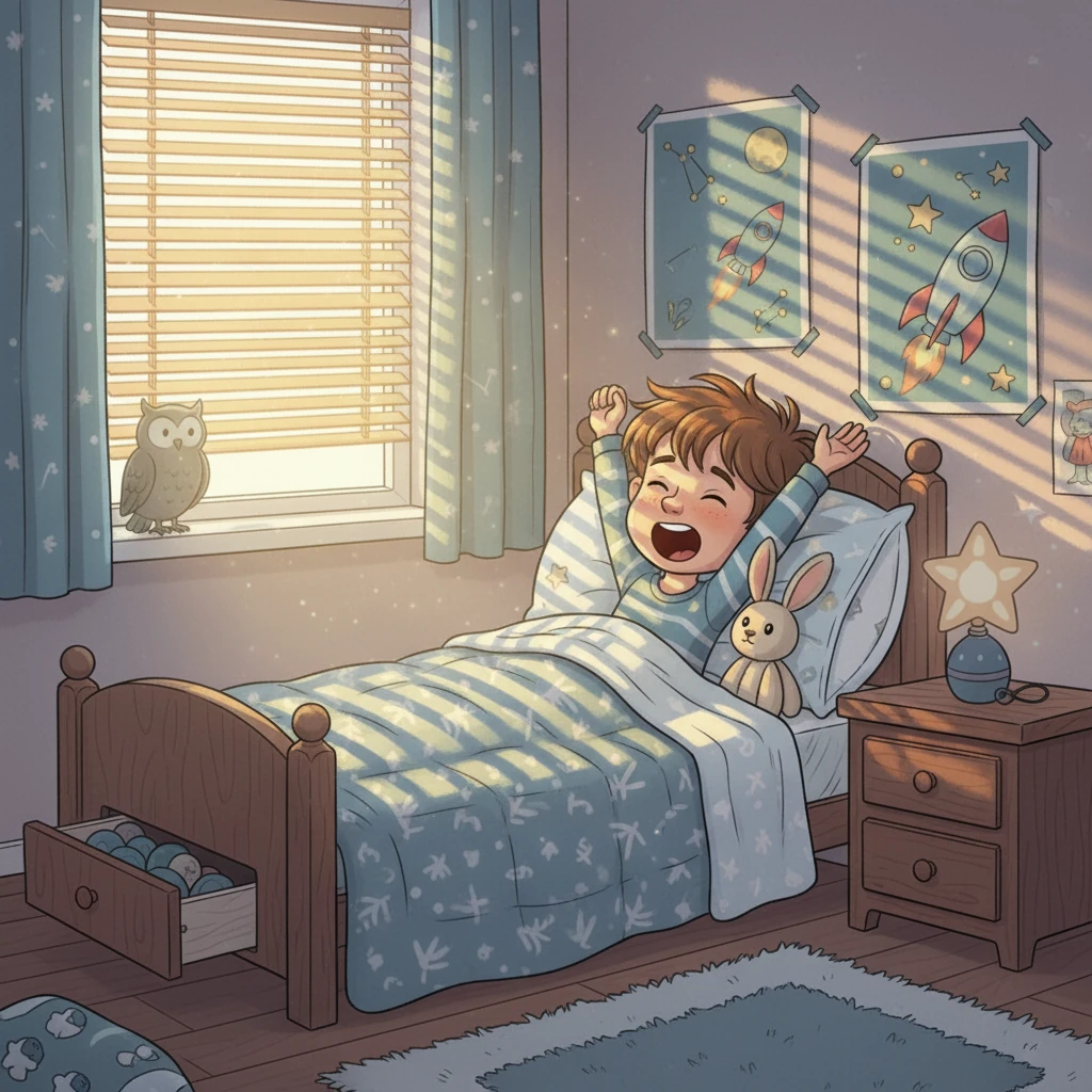 The sun peeked through the blinds at 6:00 am, waking Sam up. He stretched and yawned, ready to start his day. A new day had begun, bringing a fresh start and new beginnings.