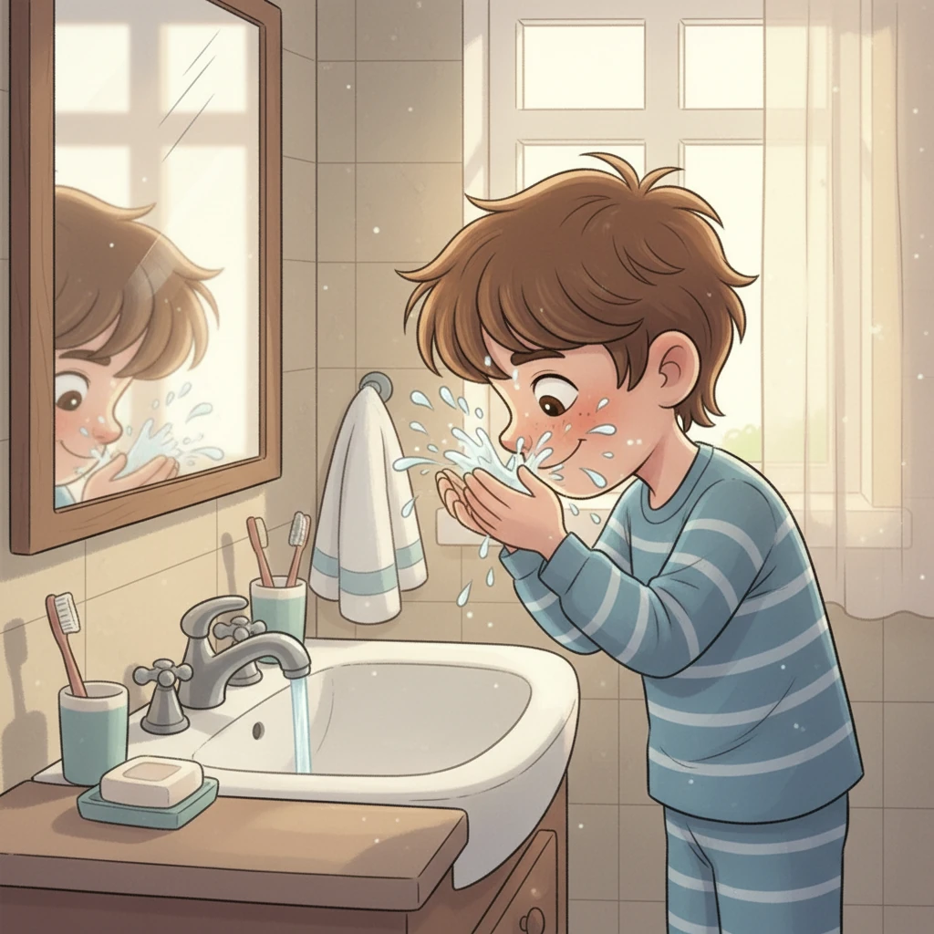 At 6:20 am, Sam hopped out of bed and rushed to the bathroom. He splashed water on his face, feeling refreshed, and washed his hands with soap. He was ready to prepare for his busy morning.