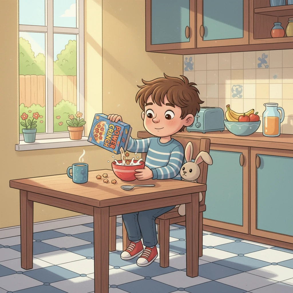 Next, it was time for breakfast! Sam sat at the table and poured himself a bowl of crunchy cereal. He ate it slowly, enjoying the taste and gathering the energy he would need for school.