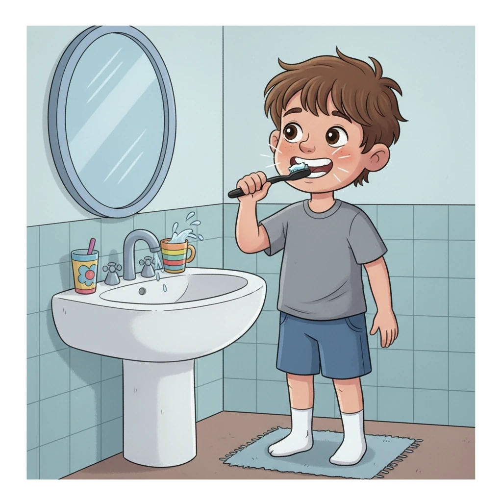 Finally, it was time to brush his teeth. Sam grabbed his black toothbrush, put on the toothpaste, and brushed until his teeth were sparkling clean. Then he went to his room to prepare for school, wearing a gray shirt and blue shorts. He fixed his hair and washed his face before heading off to school.