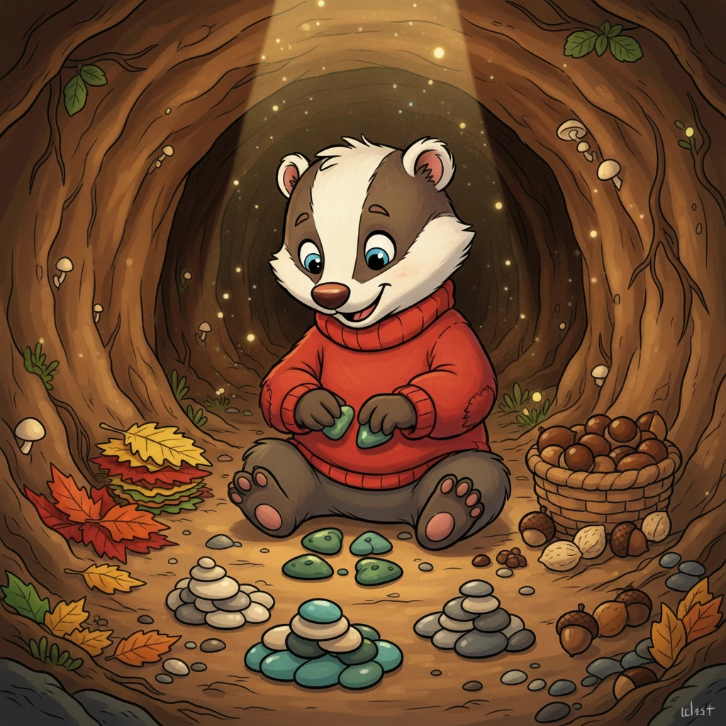 Barnaby Badger sits in his cozy, cluttered burrow, surrounded by stacks of shiny pebbles, colorful leaves, and polished acorns. His eyes sparkle as he admires his vast collection, his paws gently arranging his treasures. He loves every single item, each one carefully chosen and cherished.