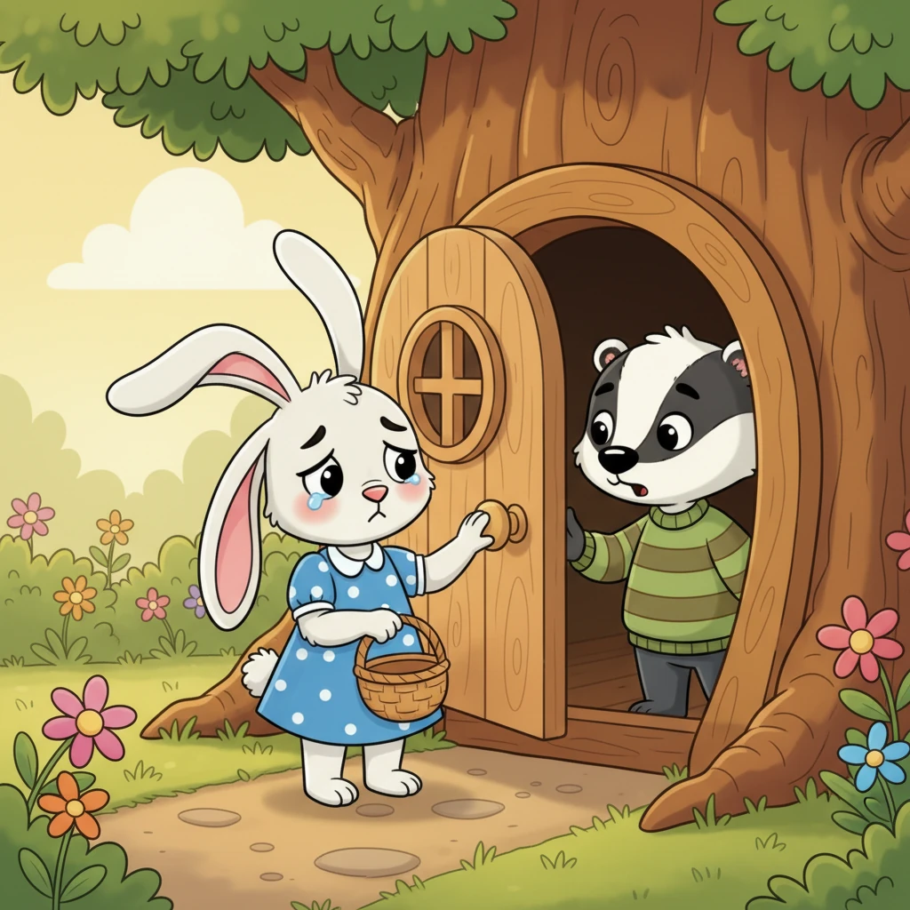 A timid knock sounds at his door. It's Rosie Rabbit, her long ears drooping slightly, a sad expression on her sweet face. She looks a bit forlorn, holding a small, empty basket.