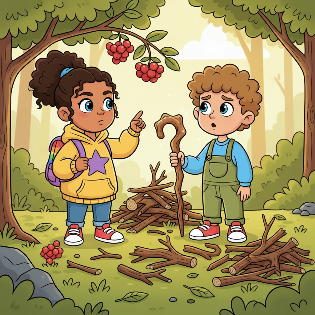 Rosie explains she needs a sturdy, strong stick to help her reach some high-up berries for her family. Barnaby glances at his magnificent collection of perfect branches and twigs, clutching his favorite, a gnarled, smooth walking stick, a little too tightly.