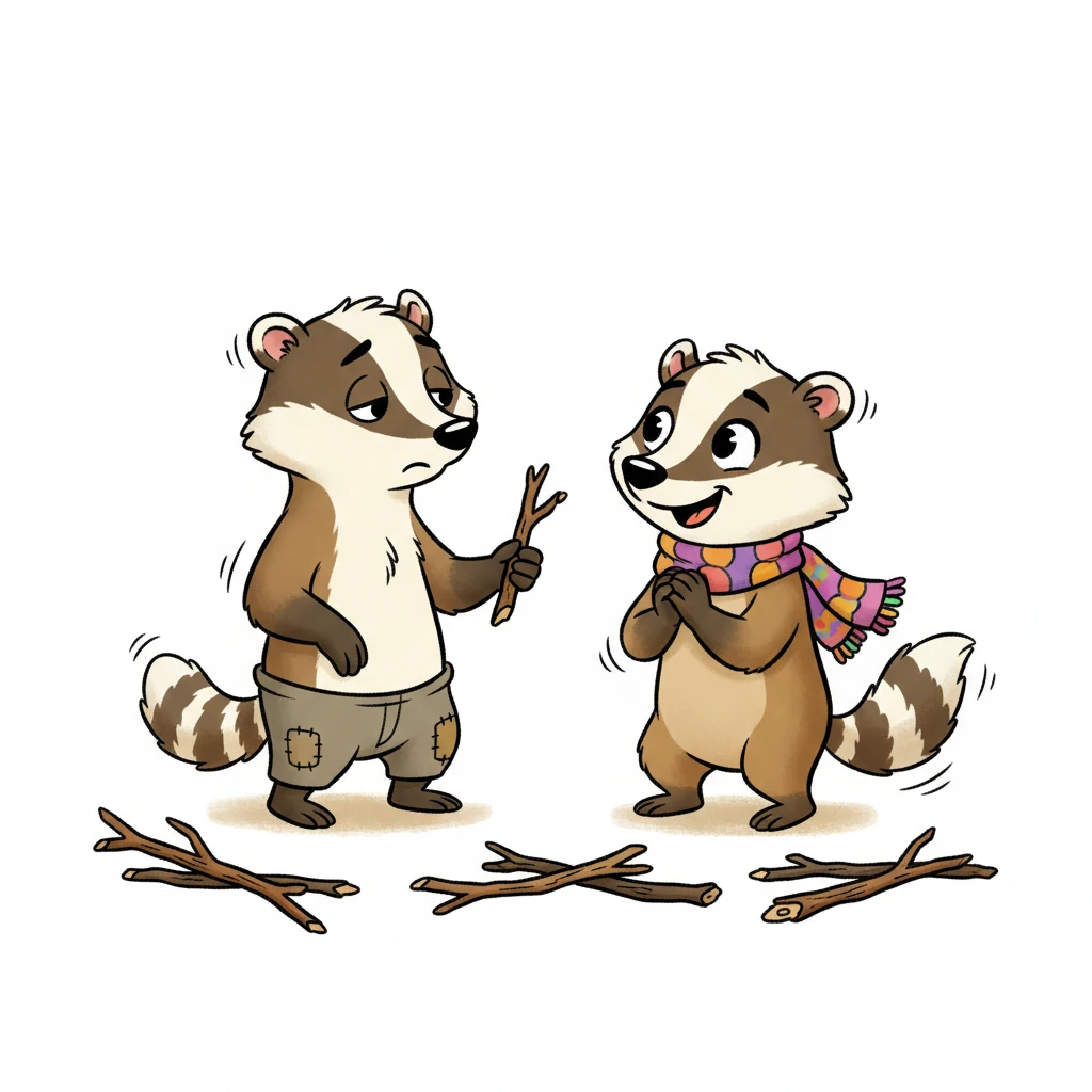 With a sigh, Barnaby reluctantly offers a smaller, less impressive stick from the corner. Rosie's face brightens with gratitude, even for the humble offering. She thanks him profusely, her tail wiggling with appreciation.