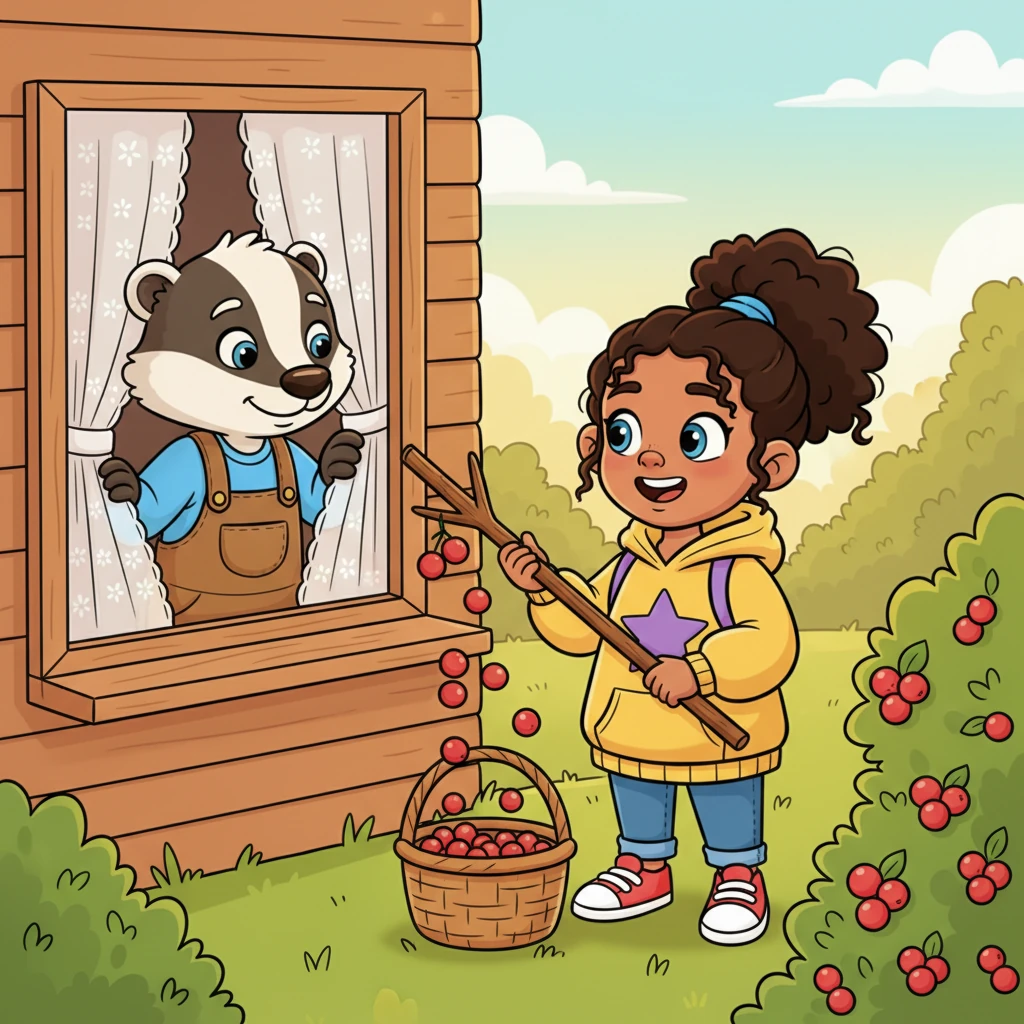 Later, Barnaby peeks out his window and sees Rosie, cheerfully using the stick he gave her to knock down juicy red berries. She's humming a happy tune, and her basket is quickly filling up. Barnaby feels a tiny, unexpected warmth in his chest.