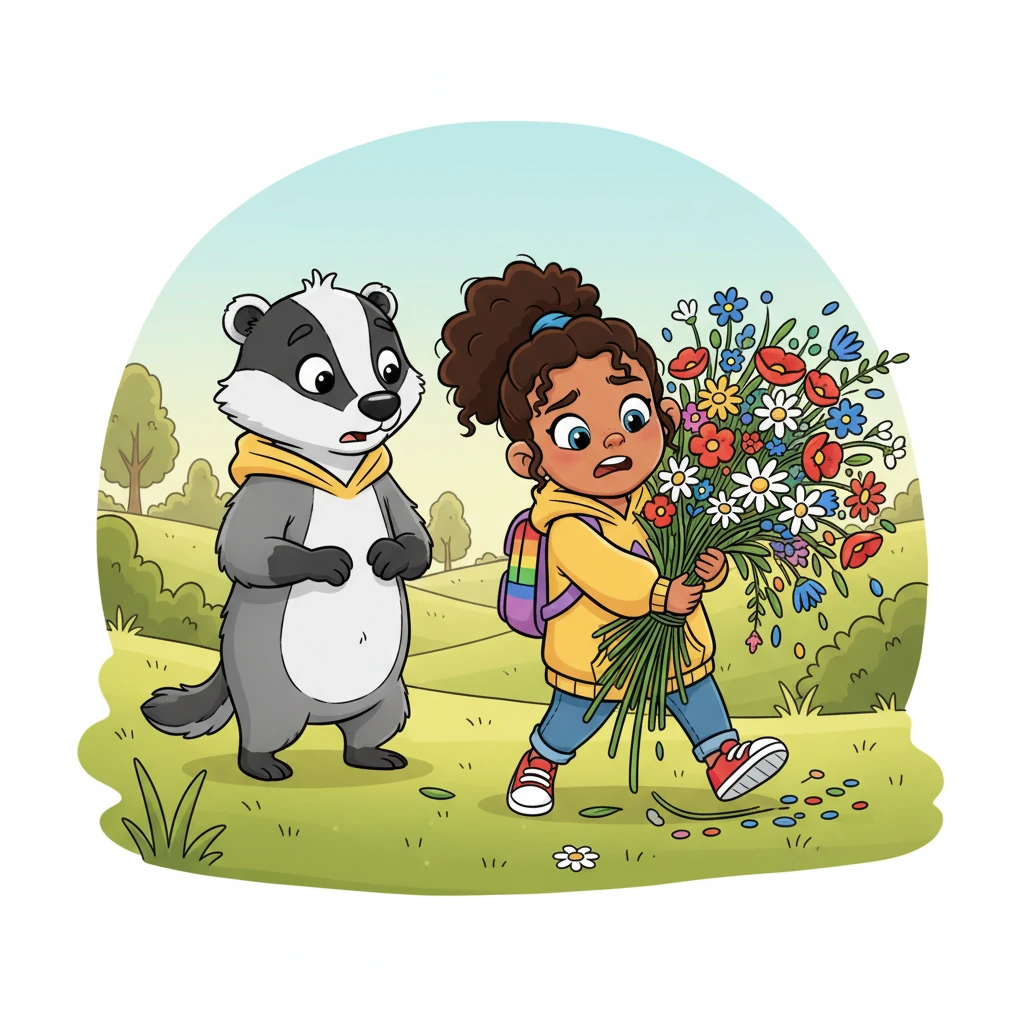 The next morning, Barnaby spots Rosie again, struggling to carry a heavy pile of freshly picked wildflowers, their stems tangled and unwieldy. She stumbles a little, her small paws not quite strong enough for the load.