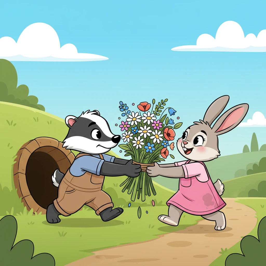 Remembering Rosie's joyful face and the sweet berries, Barnaby doesn't hesitate. He rushes out of his burrow and, without a word, takes half the heavy bundle of flowers into his own strong paws.