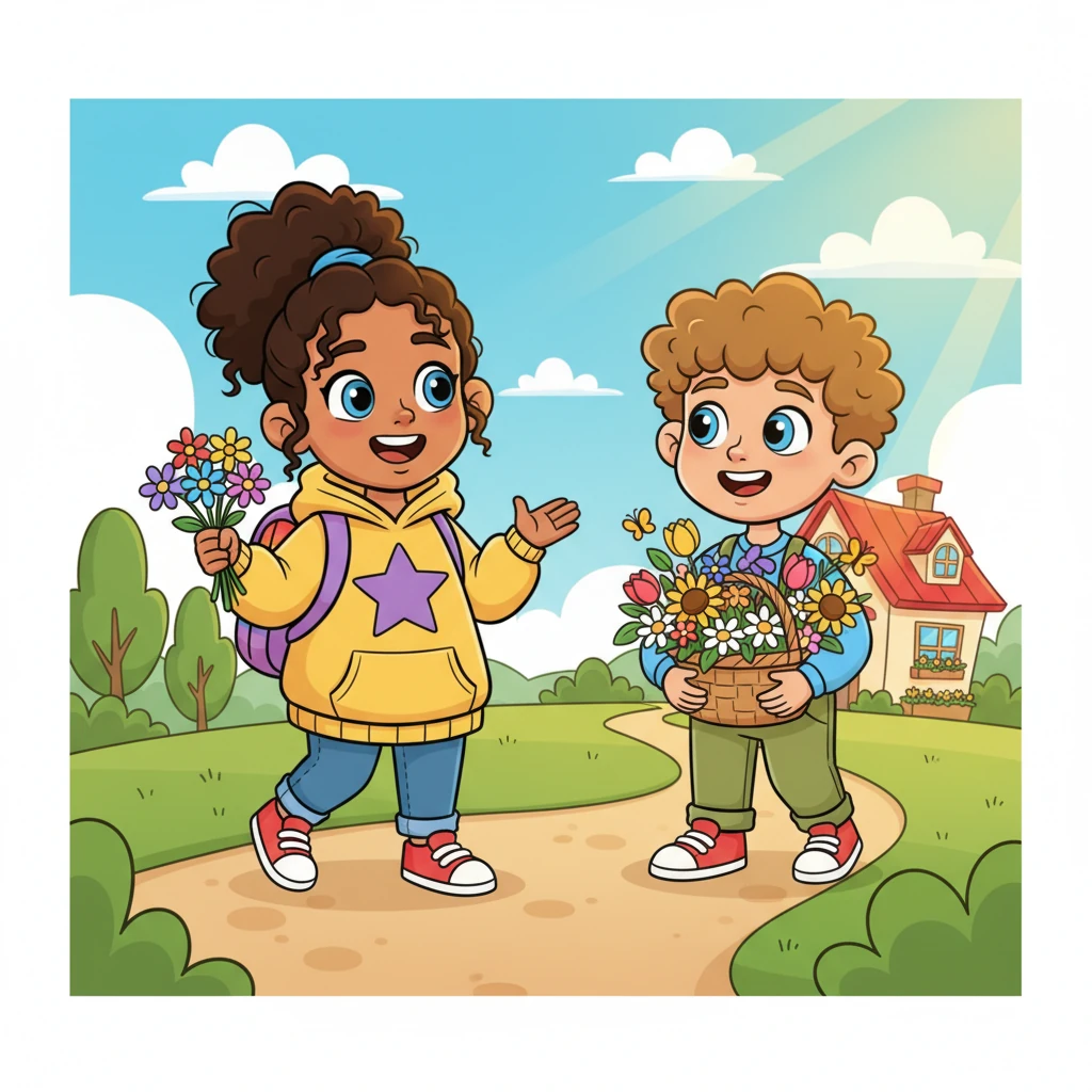 Together, they walk side-by-side, carrying the vibrant flowers to Rosie's home, chatting and laughing along the way. The sun shines brightly, reflecting the happiness on both their faces. Barnaby feels a wonderful, light feeling inside.