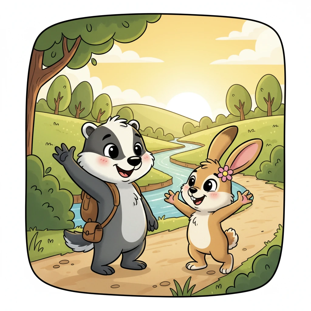 As they part ways, Barnaby realizes that sharing his strength and time felt even better than collecting his treasures. He waves goodbye to Rosie, a big, genuine smile spreading across his face, his heart full of warmth and new understanding.