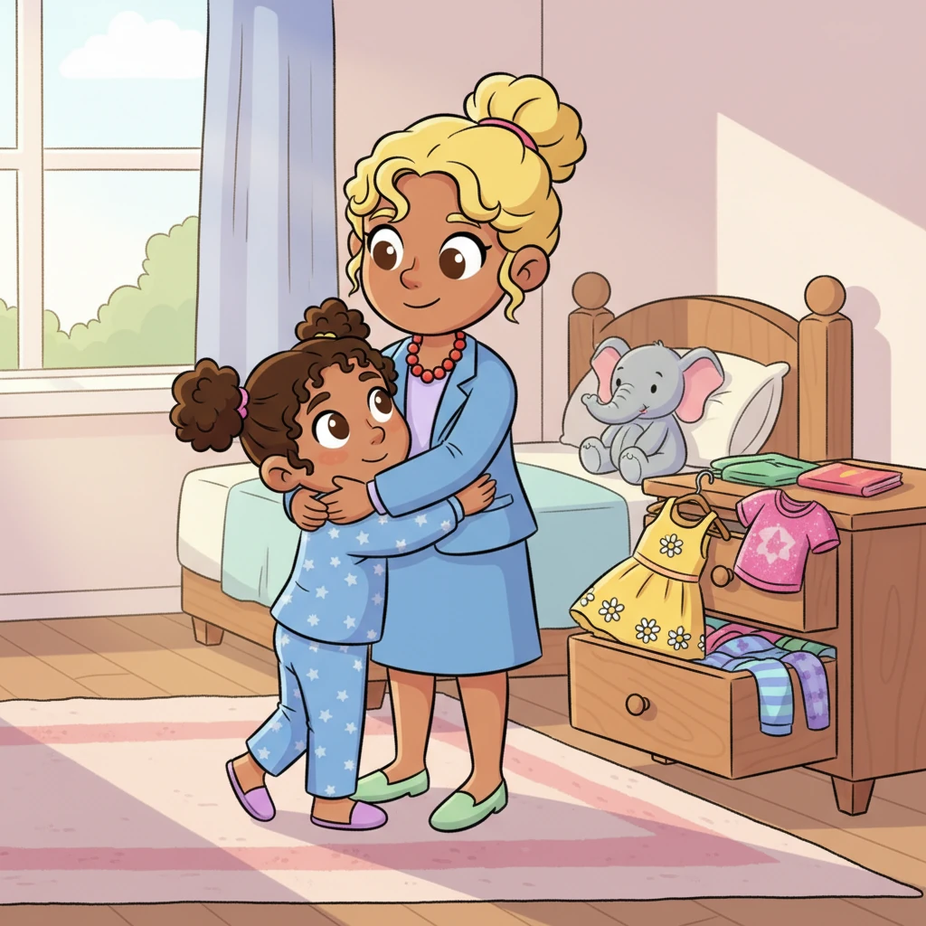 Lily wakes up with a little flutter in her tummy, a mix of excitement and nerves for her big day. Her foster mom gives her a warm hug, reminding her that she's strong and loved. They pick out a cheerful outfit together, ready to face the day.