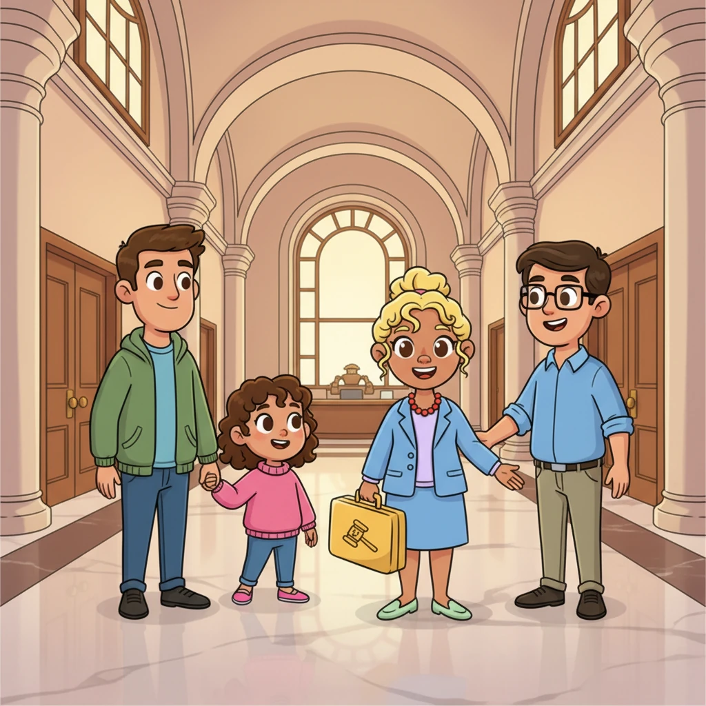 Hand-in-hand with her foster dad, Lily steps into the big, important-looking building. Her friendly lawyer, Ms. Diaz, and her kind social worker, Mr. Ben, greet her with warm smiles, making her feel safe and welcomed. The hallway feels less scary with her team by her side.
