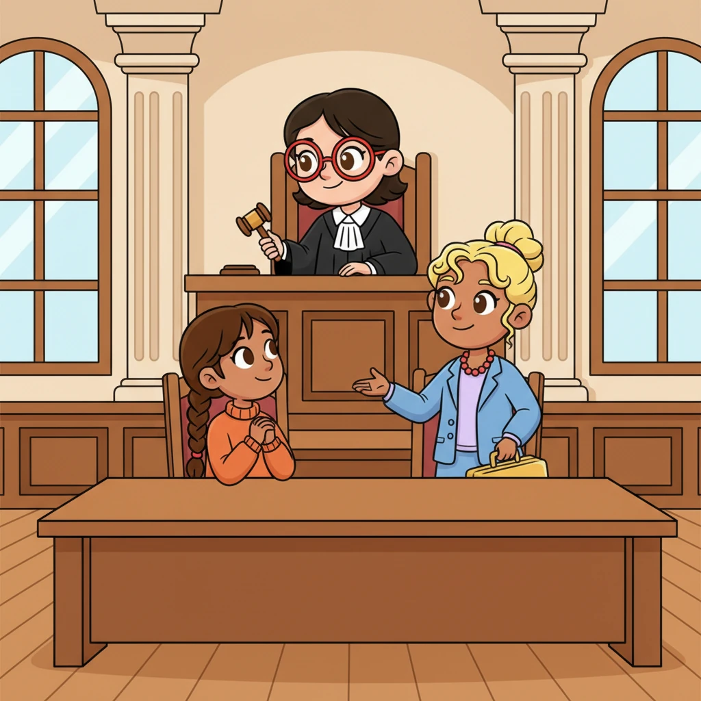 Inside the courtroom, Lily sits at a big table next to Ms. Diaz. The judge, a friendly-looking lady with glasses, sits high up, ready to listen carefully to everyone. It feels like a very important meeting, but also a place where everyone wants to help.