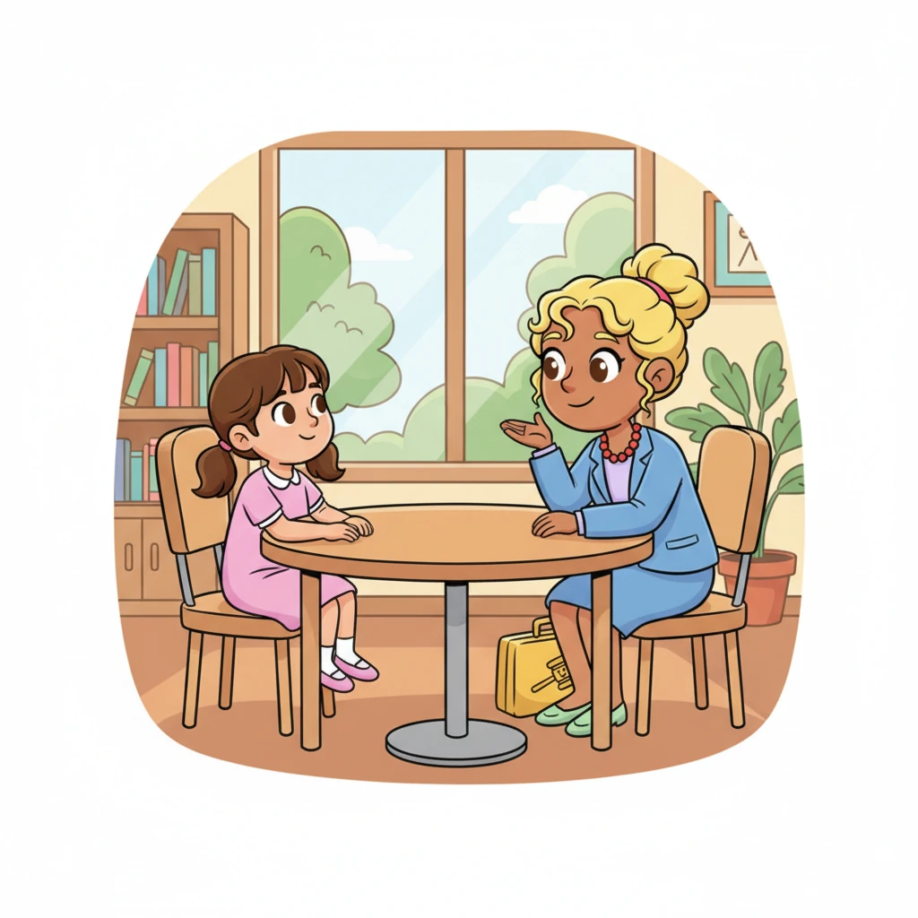 Ms. Diaz gently encourages Lily to share her feelings about her foster home. Lily, taking a deep breath, says in a soft voice, "I feel happy when I play with my foster brother." The judge nods kindly, making Lily feel heard and important.
