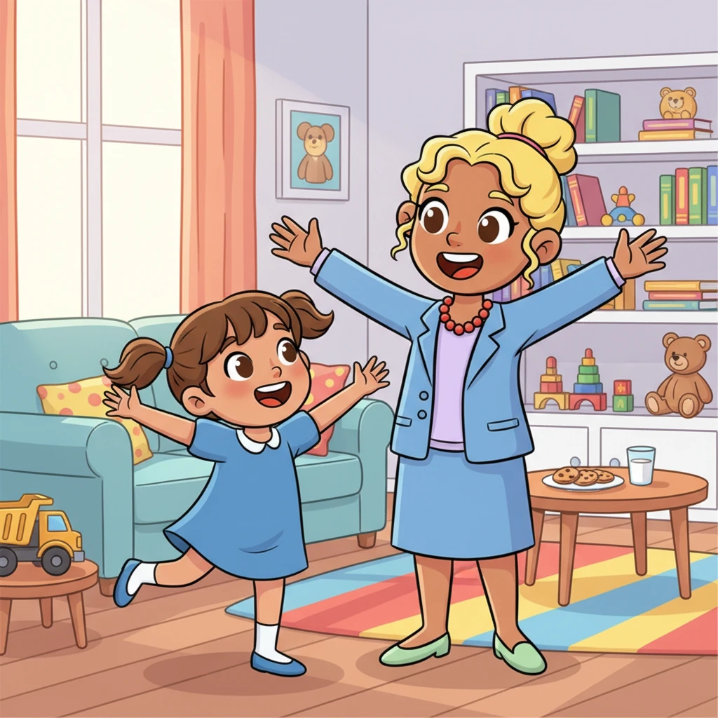 Another path is going home to Mom! Lily is shown running into her mom's open arms, both with big, joyful smiles in a cozy, colorful home. Toys are neatly put away, and a yummy snack is waiting, showing a safe and loving reunion.