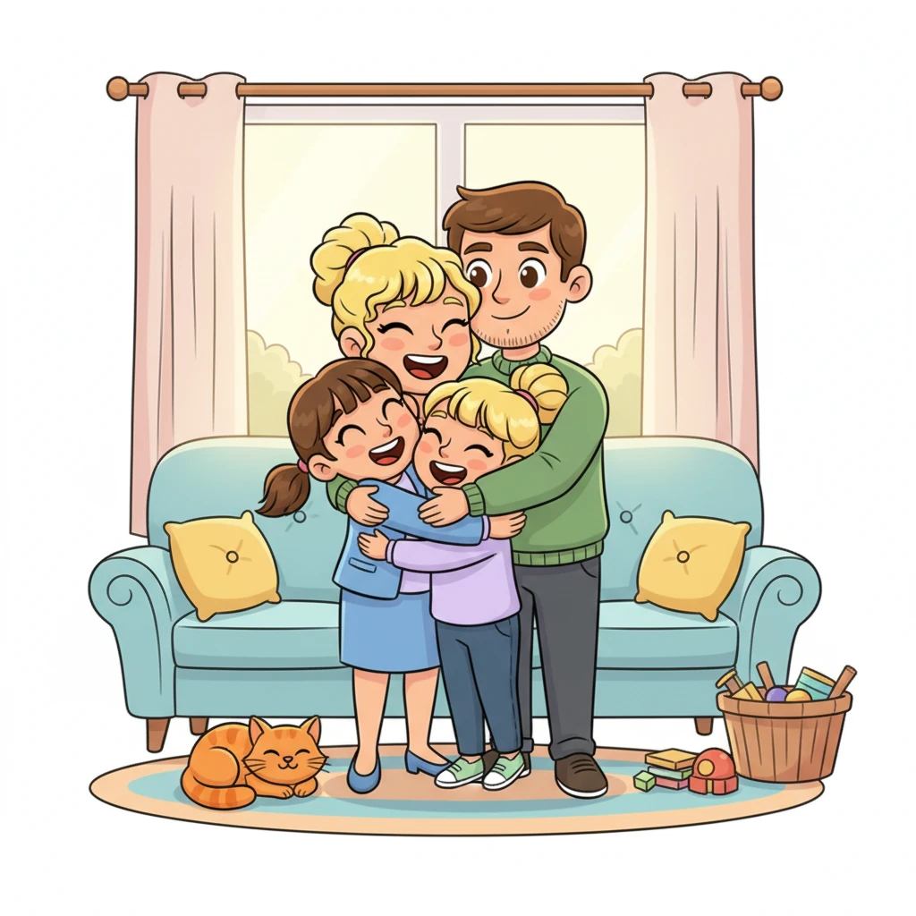 Sometimes, a new chapter opens. Lily is seen surrounded by a loving family (her foster family or a new family), sharing a big hug in a bright, happy living room, symbolizing a forever home where she feels secure and cherished. A happy pet might be curled up nearby.