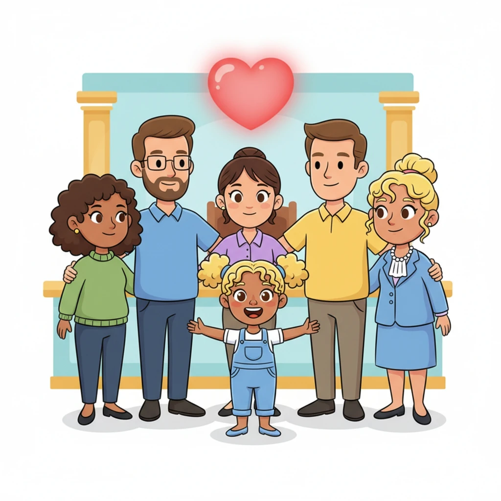 No matter the decision, Lily is showered with love. She stands in the center, surrounded by her entire "team": her foster parents, Ms. Diaz, Mr. Ben, and even the kind judge, all beaming with warm, supportive smiles. A glowing heart floats above her, symbolizing universal love.