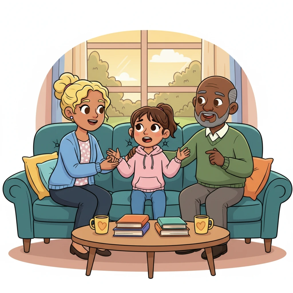 Later, Lily sits on a comfy couch, talking openly with her foster mom and Mr. Ben, expressing all her feelings – the happy ones and the confused ones. They listen with gentle eyes and reassuring words, reminding her that all her feelings are valid.