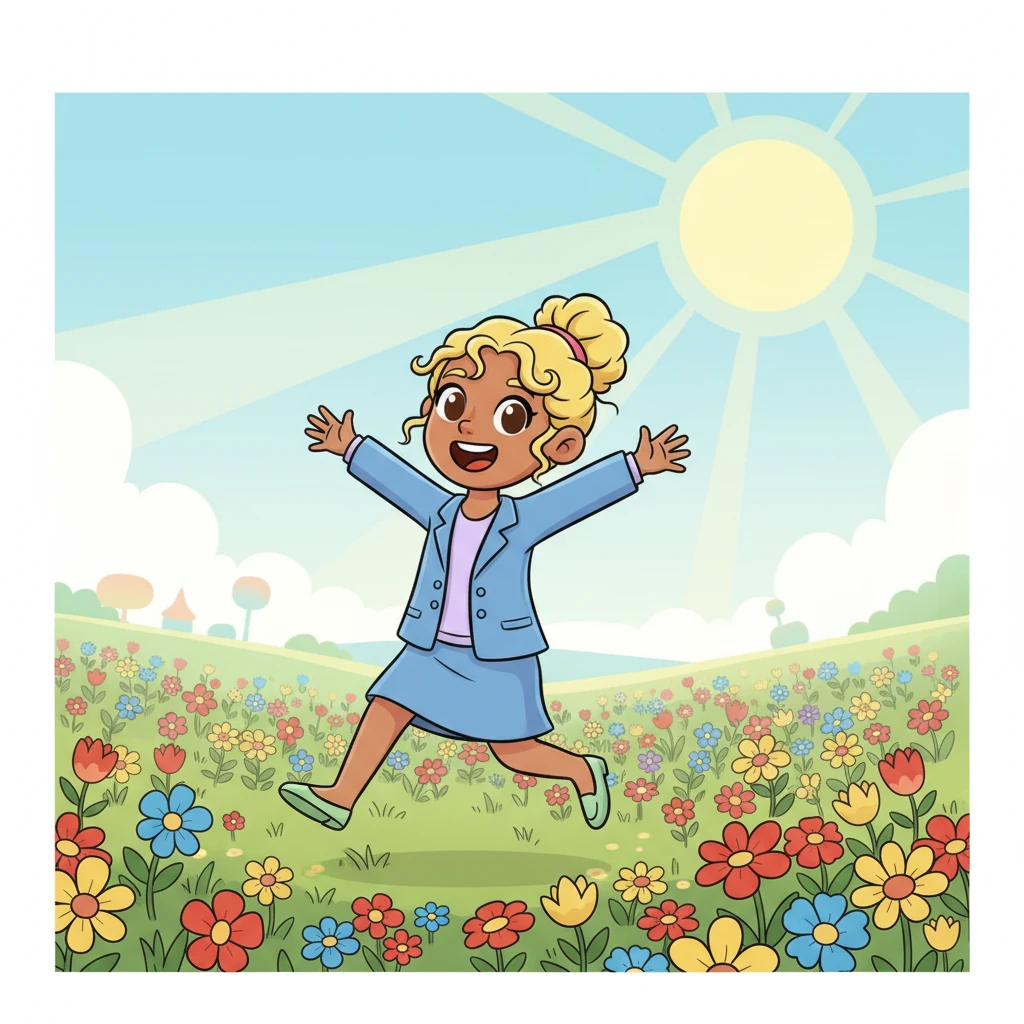 Lily is depicted skipping through a field of colorful flowers, a bright sun shining down on her. Her arms are wide open, a joyful expression on her face, looking towards a horizon filled with possibility and happiness. She knows her future is bright, full of love and adventure.