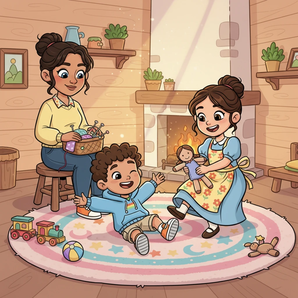 Elara's small, cozy cottage buzzed with the joyful laughter of her children, Leo and Mia. They tumbled playfully on a colorful rug, surrounded by handmade toys Elara had crafted with love. A warm glow filled the room, reflecting the happiness of their simple life. Elara watched them, a soft smile on her face, though a tiny wisp of weariness flickered in her eyes, unnoticed by the children.