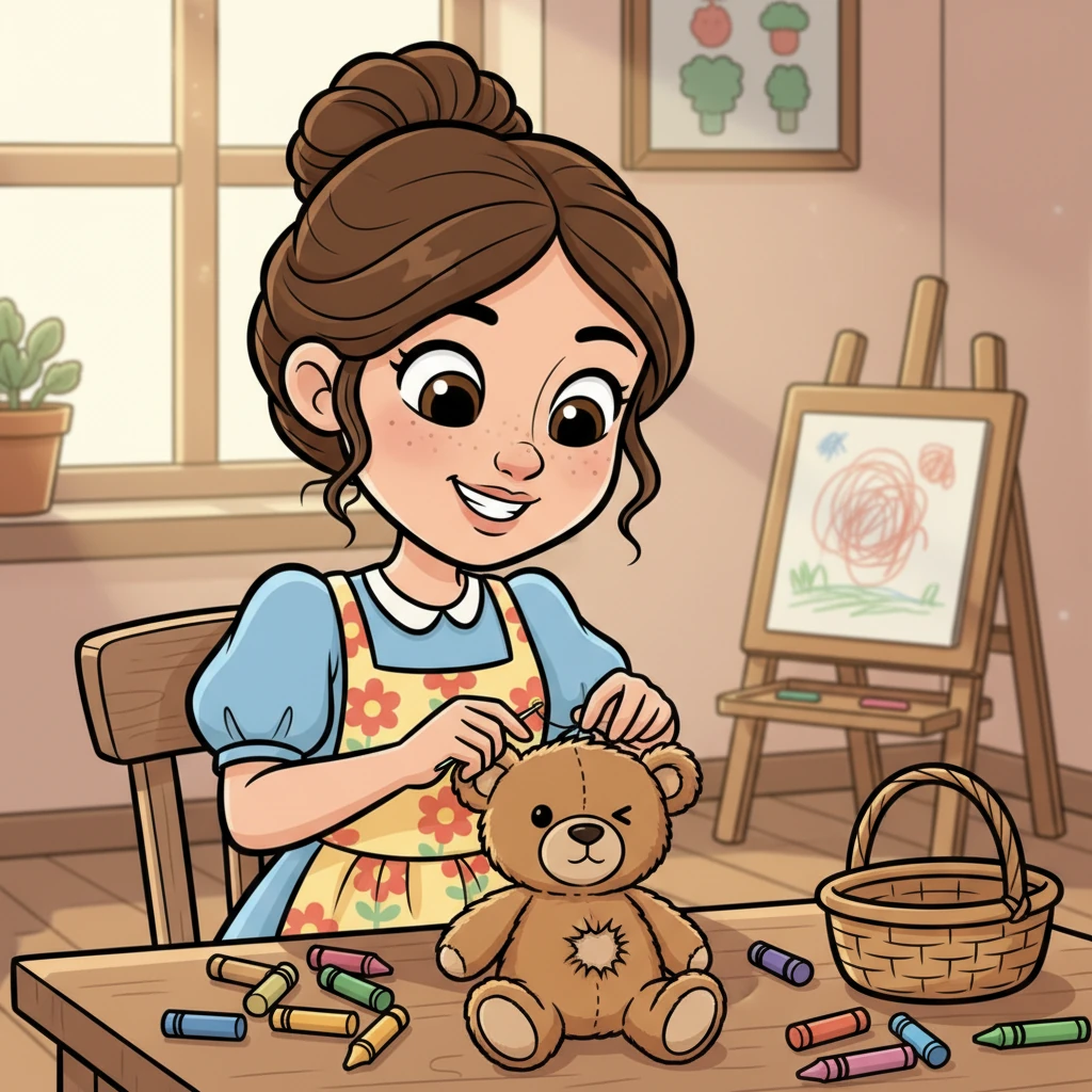 One chilly morning, a small tear appeared in Leo's favorite stuffed bear, and Mia's drawing crayons were almost all used up. Elara's heart ached to see them sad, but she quickly masked her concern with a bright smile. She promised to mend the bear and find new colors, even if it meant working a little longer into the night.