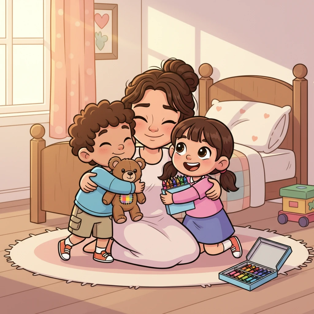 The next morning, Leo's bear was perfectly mended, wearing a tiny, colorful patch, and Mia discovered a brand new box of vibrant crayons on her pillow. Their faces lit up with pure delight, showering Elara with hugs and kisses. She reveled in their joy, her own weariness momentarily forgotten in their innocent happiness.