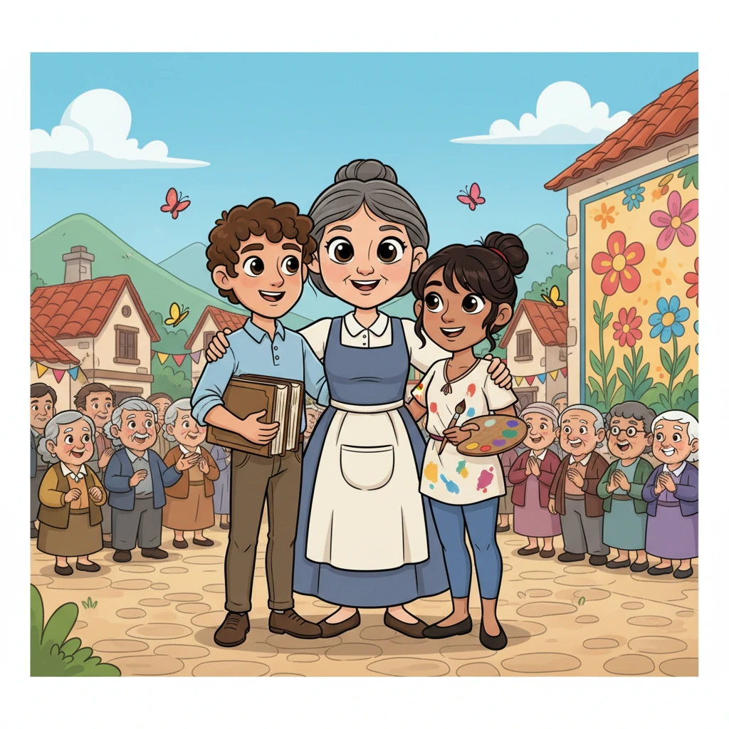 Years flew by like playful butterflies, and Elara watched her children grow into wonderful, kind young adults. Leo excelled in his studies, helping others in the village, and Mia discovered a passion for art, painting murals that brought joy to everyone. Elara's eyes shone with immense pride at their achievements, knowing her efforts had blossomed into their bright futures.