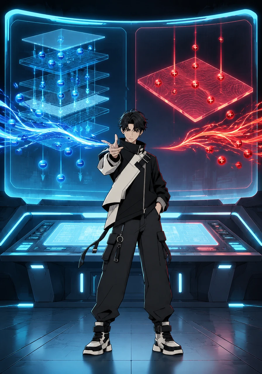 Lumos stands before a massive glowing laboratory console, projecting the blueprint of two rival light-emitting technologies. With a flick of his wrist, he initializes a high-resolution simulation comparing a highly structured architecture against a single-layer dynamic film. The air crackles with energy as holographic streams of blue electrons and red holes begin to flow.