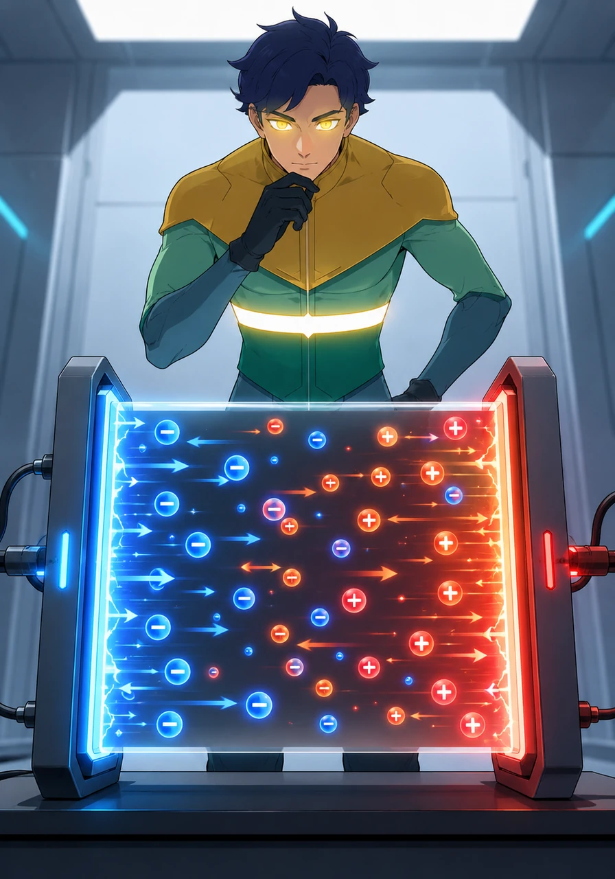 Lumos turns his attention to the second panel labeled LEC, where a single, unorganized layer of emissive film sits between two simple electrodes. Unlike the rigid OLED, this film is filled with restless, floating spheres representing mobile cations and anions that drift freely through the material. The moment an electrical bias is applied, the ions begin to scramble toward opposite sides of the chamber in a chaotic dance.