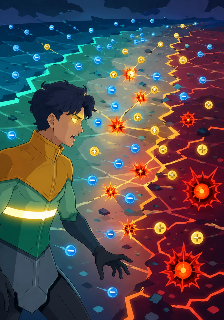 Disaster strikes within the shifting LEC layer as the balance of charges completely breaks down, leaving stray electrons and holes isolated. Because the recombination zone drifts too close to the active doping fronts, the newly formed excitons crash into roaming ions and get snuffed out prematurely. Lumos documents these non-radiative losses as orange and red warning symbols flare up across the quenching sites.