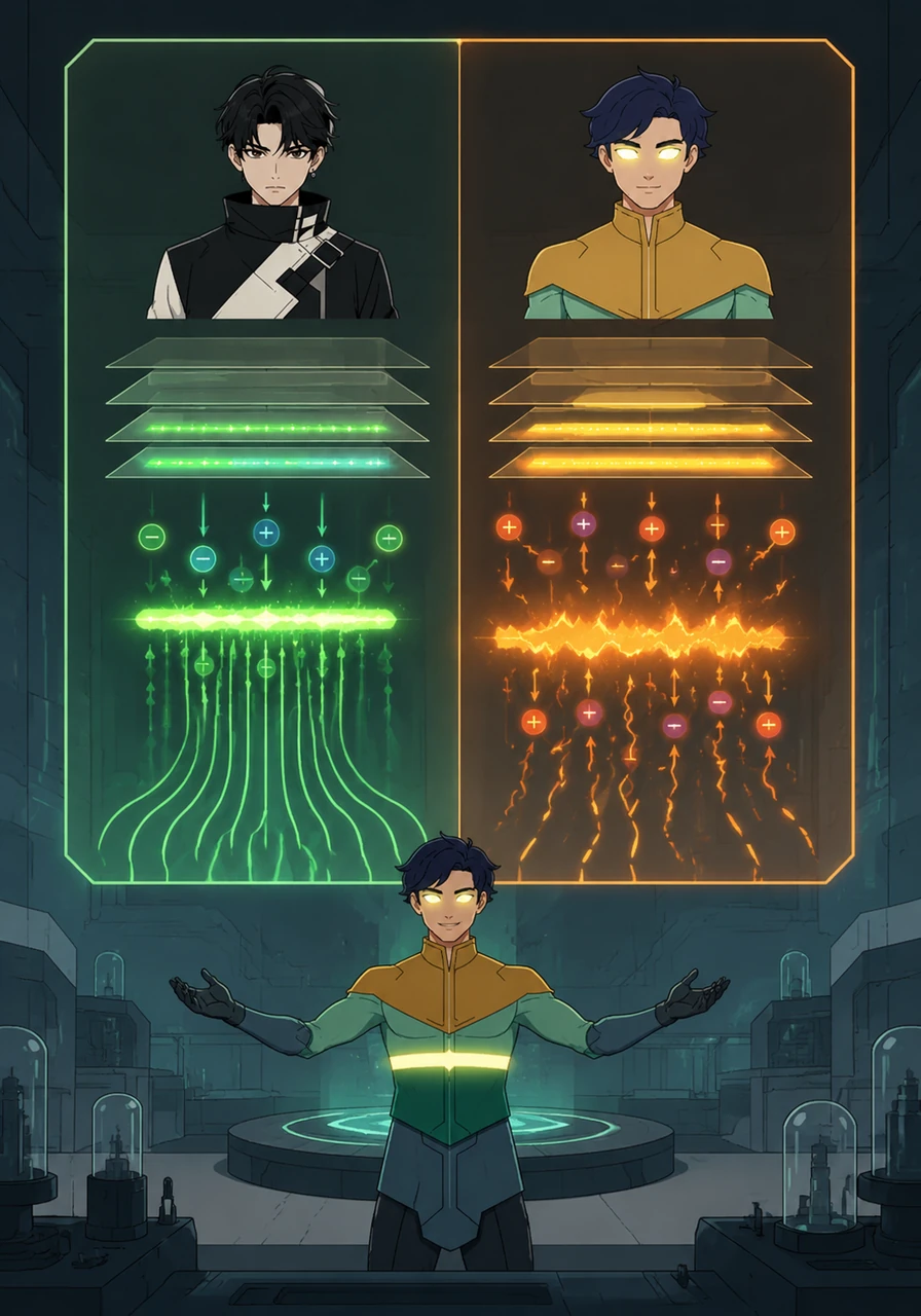 Lumos activates a side-by-side comparison matrix, highlighting the dramatic contrast between the two glowing systems. The OLED maintains its serene, high-efficiency green glow due to its fixed recombination zone, while the LEC flickers unevenly under a warning orange aura brought on by charge imbalance and ion drift. The data streams side by side, clearly illustrating the origin of the massive quantum efficiency gap.