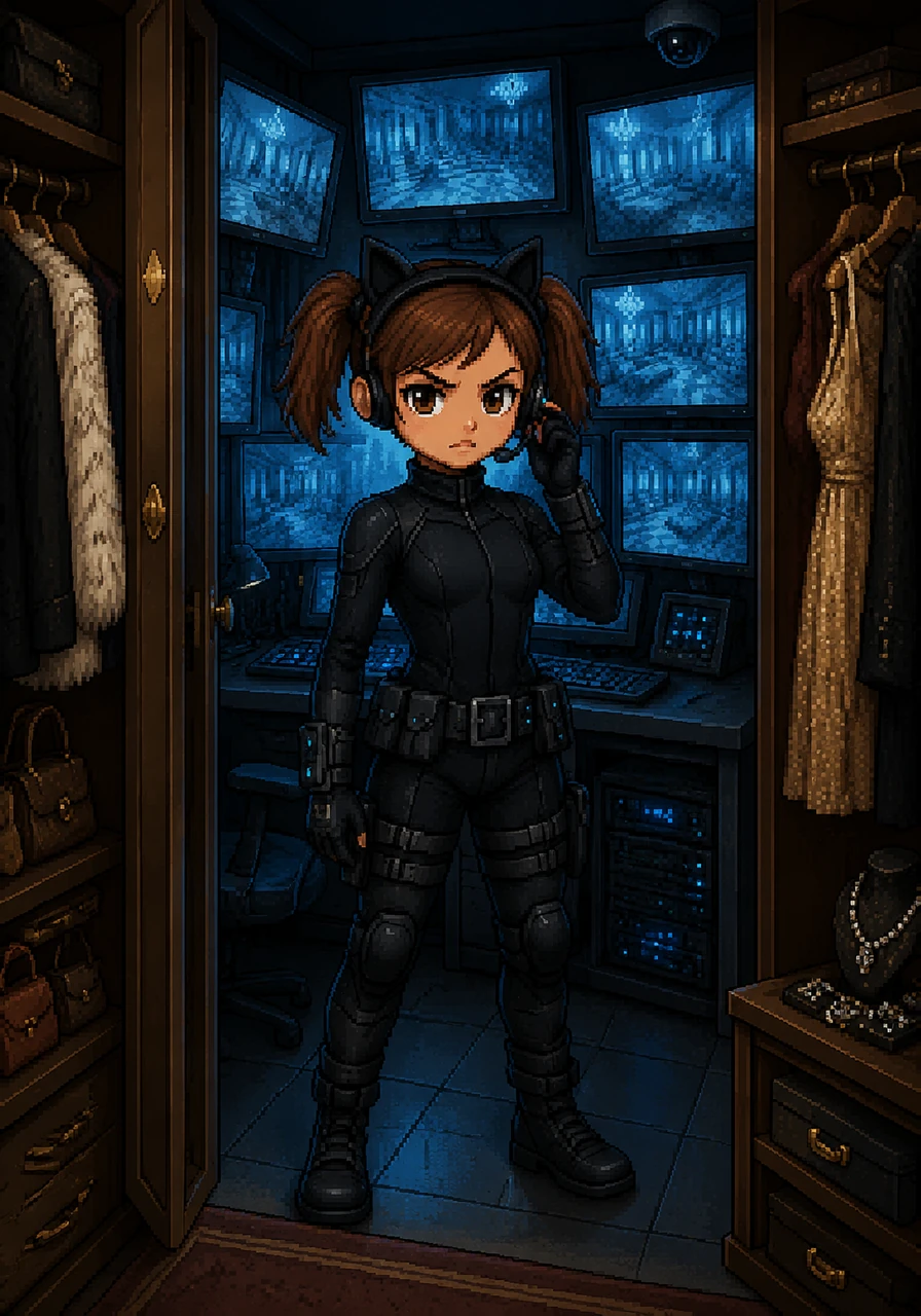 Behind a secret panel in her walk-in closet lay Penny's true sanctuary, a high-tech cat burglar lair lit by the cool blue glow of multiple computer monitors. She adjusted her miniature headset and watched real-time surveillance footage of her own mansion, realizing her parents were too self-absorbed to ever notice her secret operations.