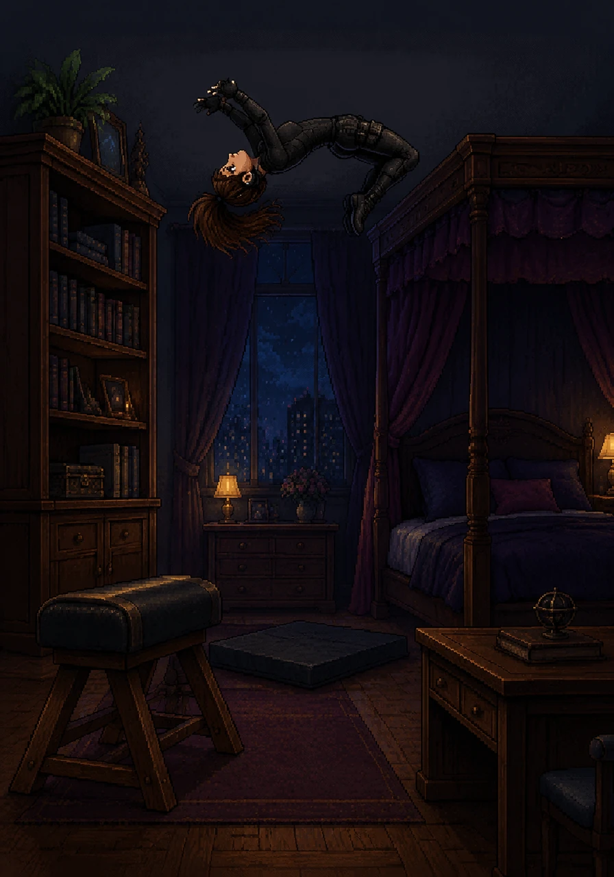 To prepare for her midnight missions, Penny transformed her bedroom into an advanced training ground after hours. With the grace and agility of a superhuman Olympic gymnast, she flipped effortlessly through the air, executing flawless backflips from her bookshelf to her canopy bed without making a single sound.