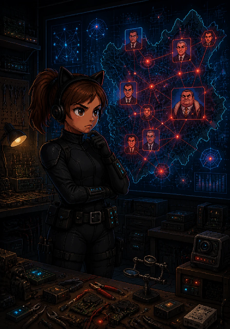 Using her incredible intellect, Penny built a digital map tracking the city's most corrupt billionaires who abused their immense wealth. She wore a sleek, custom-made black stealth suit with utility belts holding gadgets she engineered herself out of discarded electronics.