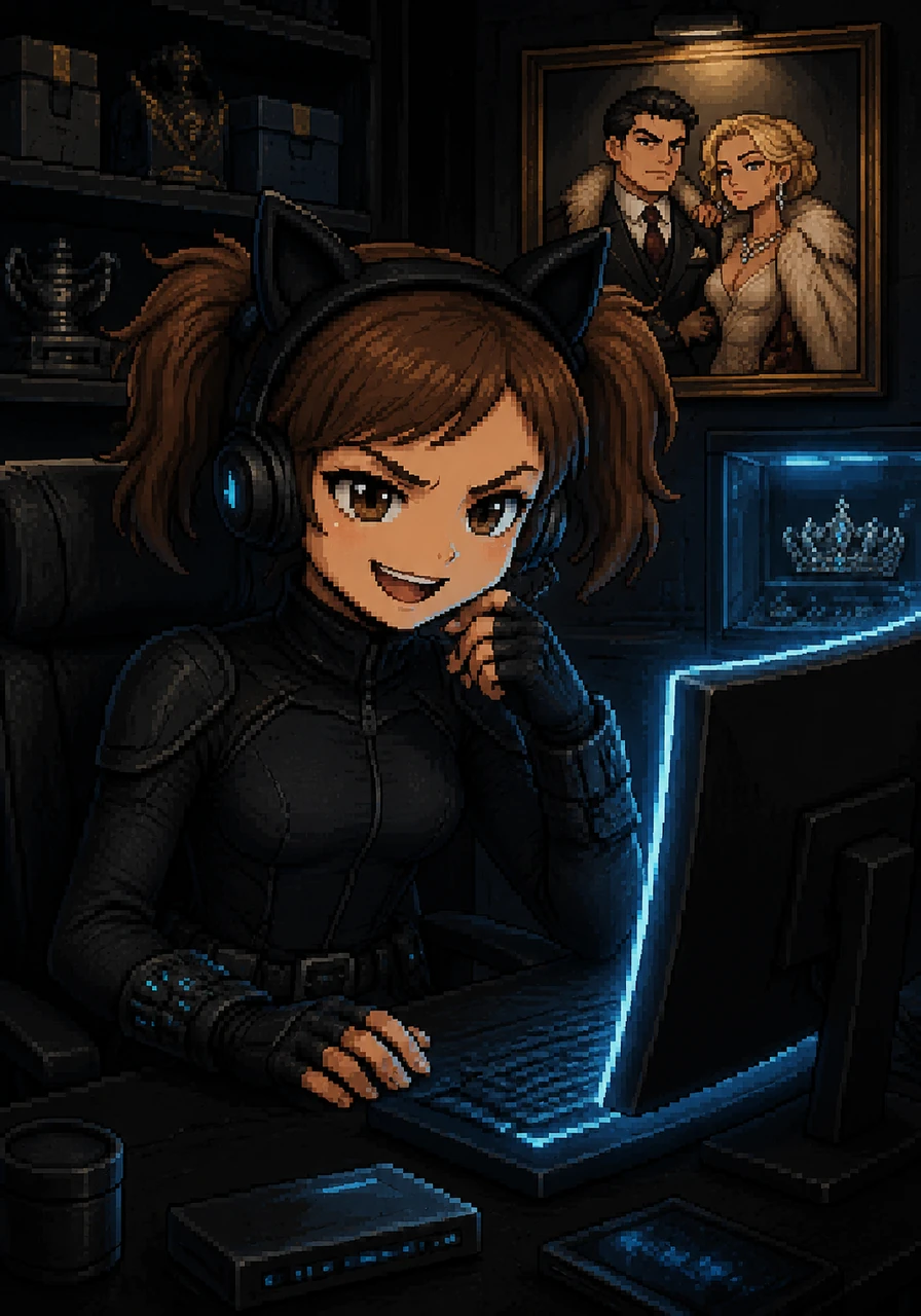 Back in her secret lair, Penny used her computer to route the stolen funds through a series of secure, untraceable digital accounts, ensuring the money was perfectly laundered. She laughed softly to herself, knowing her parents could never touch or steal a fortune they didn't even know existed.
