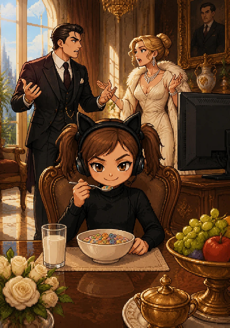 The next morning, Penny sat at the grand dining table, innocently eating her cereal while her parents frantically gossiped about the mysterious 'Midnight Cat' on the news. Penny hid a knowing smile behind her spoon, realizing her parents' loud public lifestyle served as the perfect distraction to keep the suspicion far away from her.