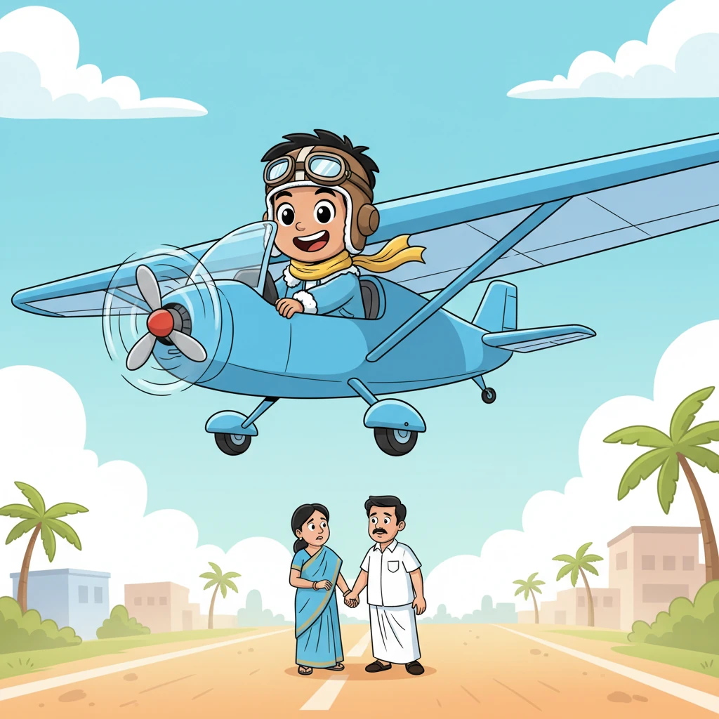 A bright blue motor glider lifts off from a sun-drenched road in Chennai. Nine-year-old Abhinav, with wide, sparkling eyes and a huge grin, peeks out from the cockpit, a tiny figure against the vast sky. His parents below watch with worried but loving expressions, their hands clasped, as their young child experiences flight for the first time.
