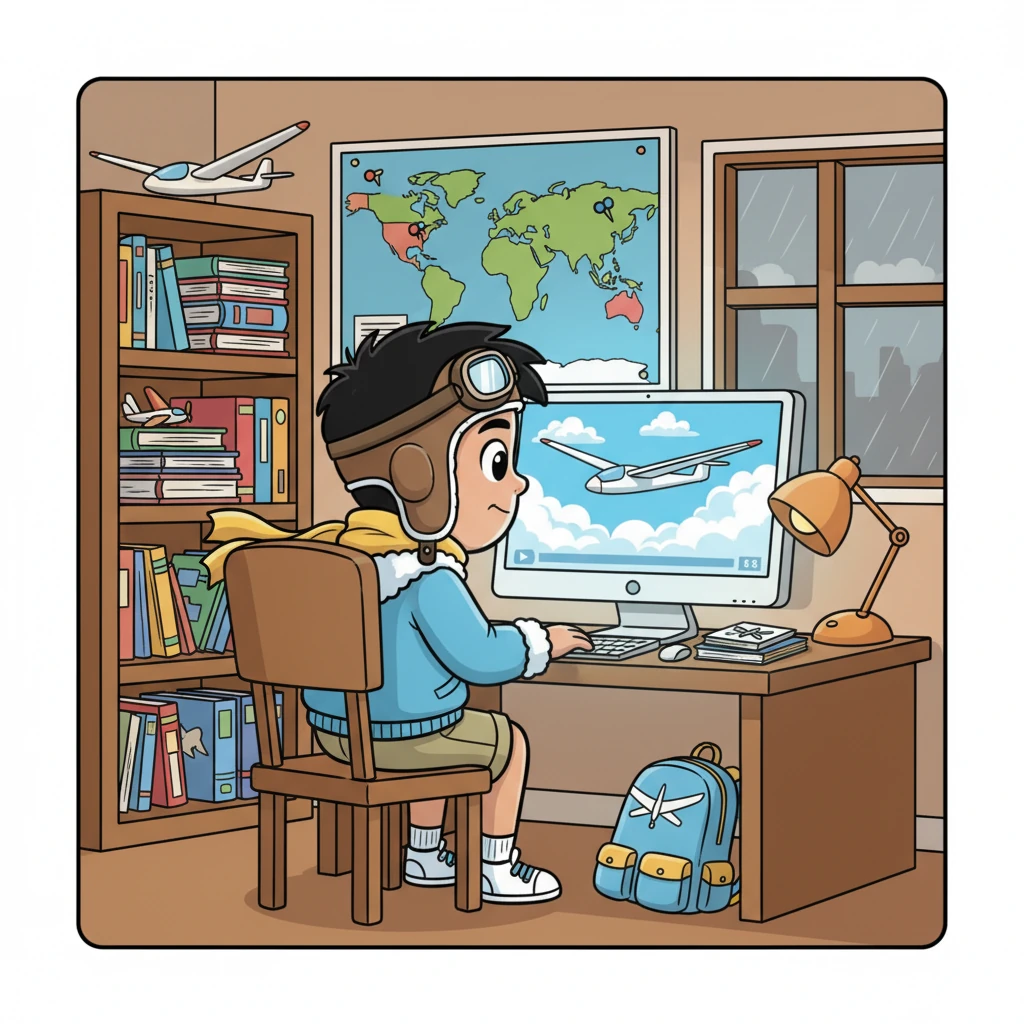 The scene shifts to a cozy room in the UK, filled with books and a map of the world. Abhinav, a little older now, sits intently in front of a computer, completely engrossed in watching videos of sleek gliders soaring gracefully through fluffy white clouds. His room feels warm and inviting, a stark contrast to the unfamiliar world outside, yet his fascination with flight remains a constant.