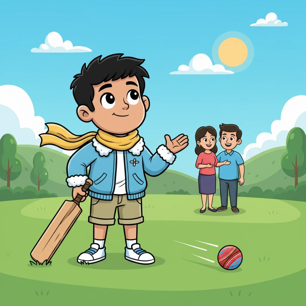 On a vibrant green cricket field, Abhinav, now eleven, casually holds a cricket bat, looking a bit distracted as a brightly colored cricket ball zooms past him. In the background, his parents smile encouragingly, but Abhinav's gaze drifts upwards, his mind clearly somewhere among the clouds, dreaming of flight rather than wickets.
