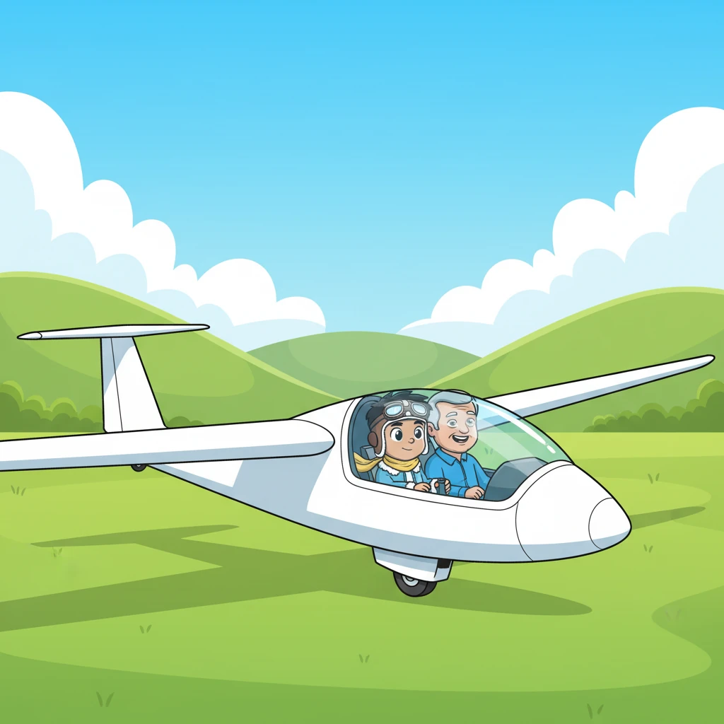 A majestic sailplane, gleaming white, sits on a grassy airfield at Kent Gliding Club, surrounded by rolling green hills under a bright sky. Abhinav, focused and calm, sits in the cockpit next to an older, kindly pilot with a warm smile, their faces illuminated by the sunlight, ready for their engine-less adventure. The experienced pilot immediately notices Abhinav's unusual focus and deep respect for the sky.