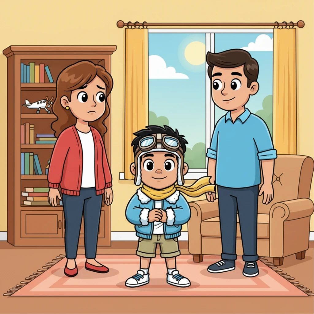 Abhinav stands confidently but respectfully before his parents, his small hands clasped in front of him, his face radiating quiet determination. His parents look at each other, a mix of concern and pride on their faces, clearly moved by his unwavering resolve to pursue his dream of flying. Despite their initial fears, they realize his passion is too strong to deny, and he is accepted as the club's youngest member.