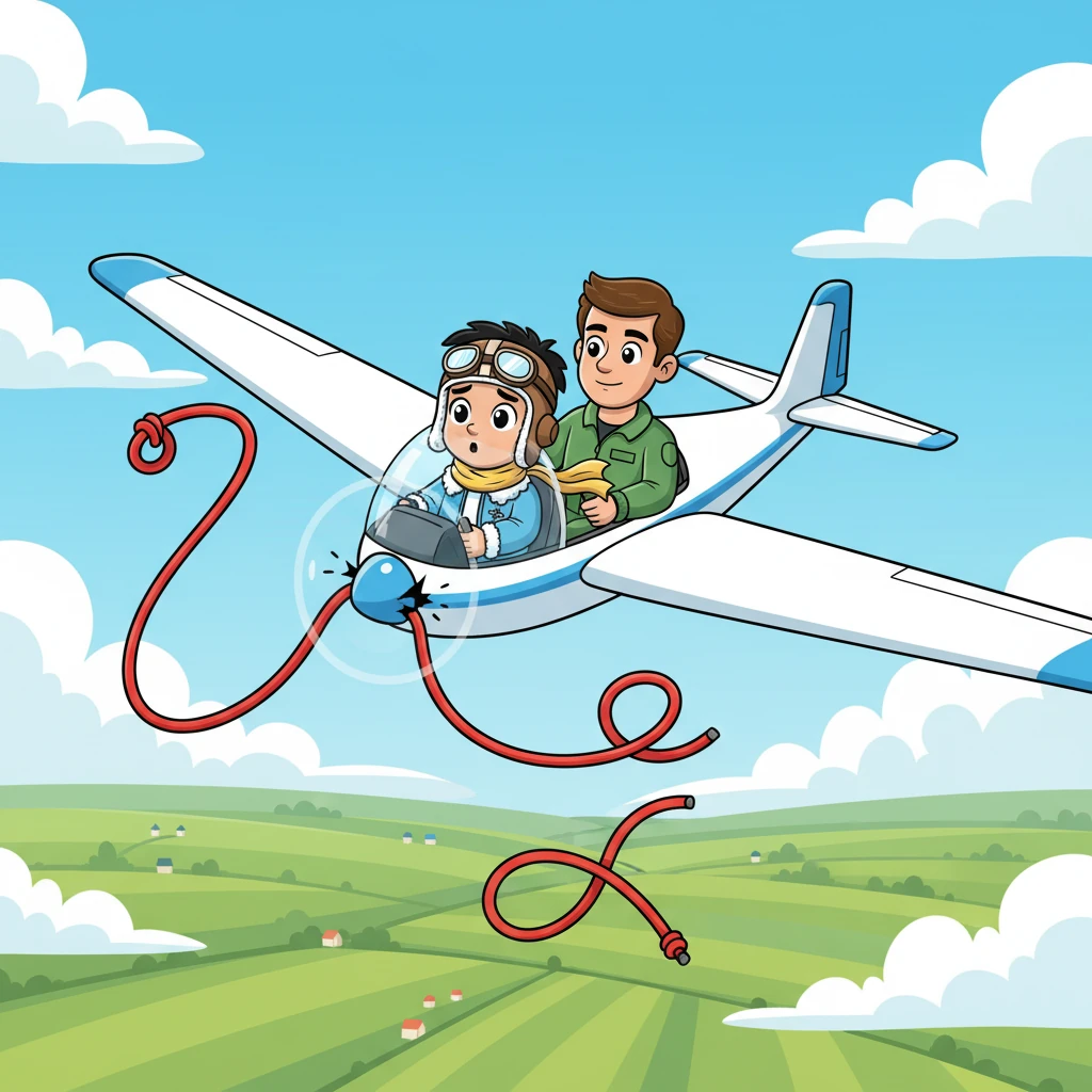 High above a green field, a two-seater sailplane hangs in the air, suddenly jolted by a loud "BANG!" A bright red launch rope snaps mid-air, flailing wildly, creating a real emergency. Inside, Abhinav's eyes are wide with surprise and a touch of fear, but the instructor beside him maintains a steady, calm expression, expertly guiding the glider to a safe, immediate landing.