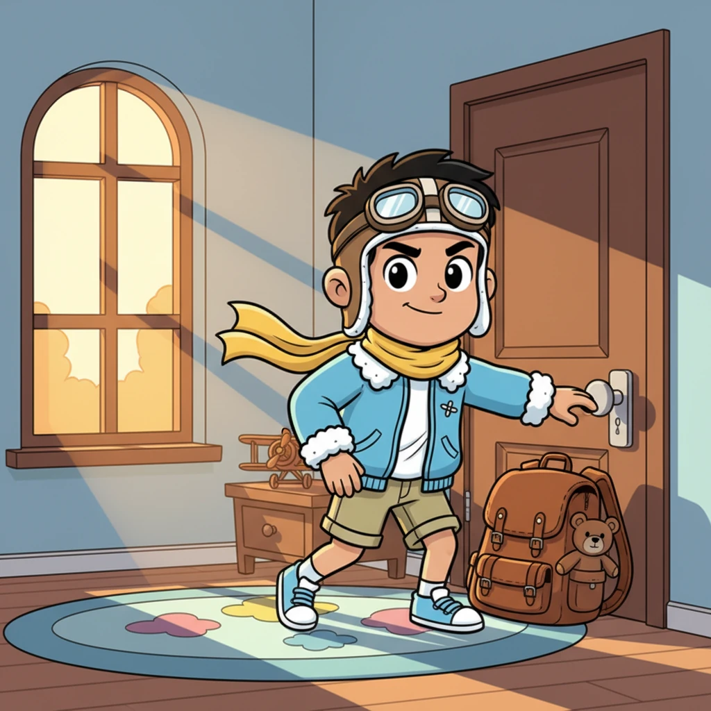 The very next morning, the first rays of sun peek through Abhinav's window. He is already awake, fully dressed in his flying gear, his backpack ready by the door. A small, determined smile plays on his lips, showing his courage has blossomed, ready to face the sky once more, proving his focus was stronger than fear.