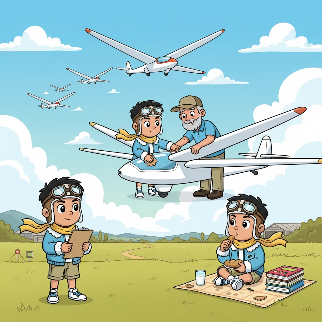 A montage of Abhinav's dedicated training unfolds across the scene: he's seen patiently waiting by the airfield, clipboard in hand, observing other gliders; then helping an older club member check the wings of a sailplane; and finally, eating a simple bread and milk snack, all while balancing school books nearby under a vast, open sky. He sacrifices holidays and time with friends, learning patience and discipline.